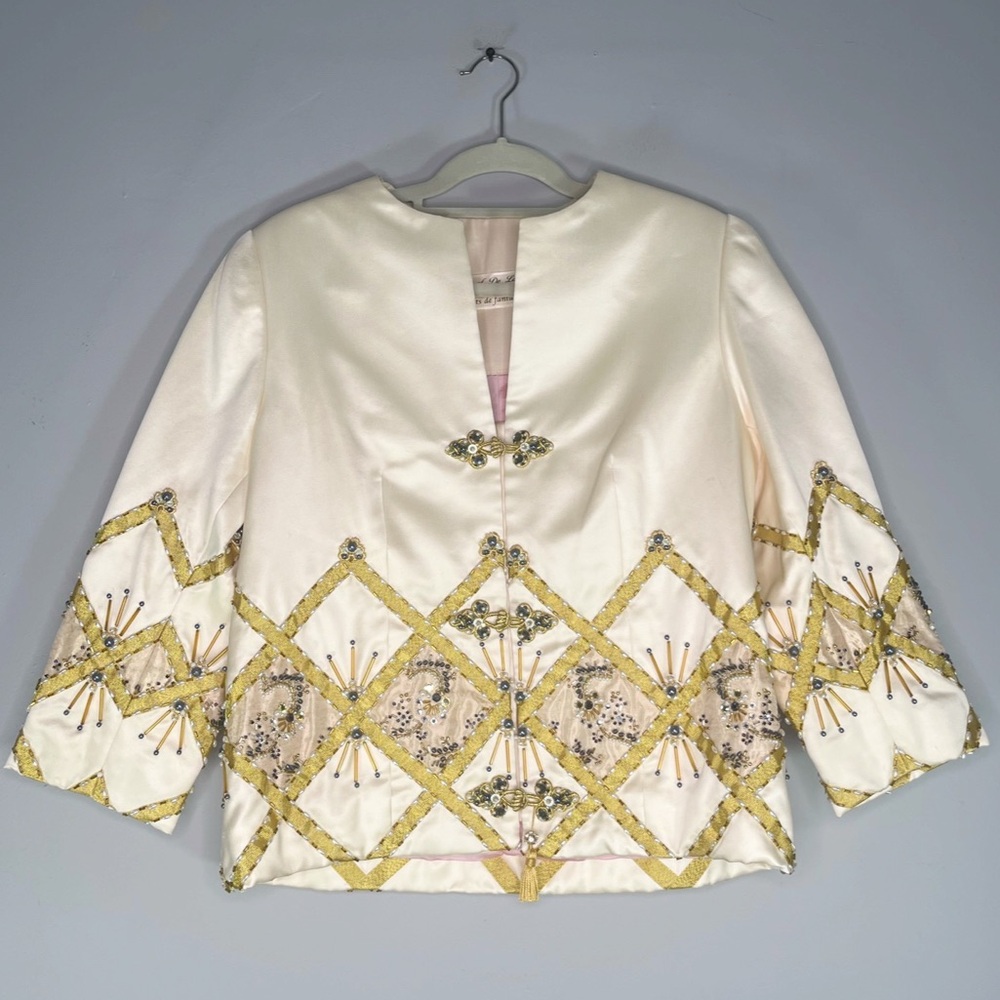 House of De Langhe Vintage Beaded Satin 3/4 Sleeve Blazer Jacket Cream Ivory